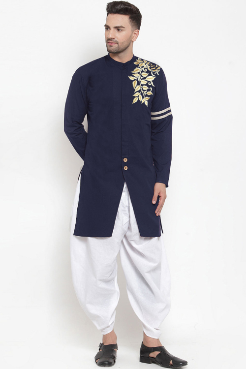 resham Thread Work Cotton blend Navy Blue Men Kurta Pajama