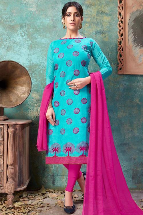 Resham Work Embroidered Chanderi Cotton Aqua Blue Churidar Suit