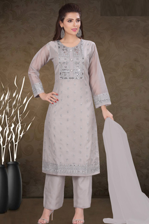 Resham Work Embroidered Chanderi Light Grey Trouser Suit