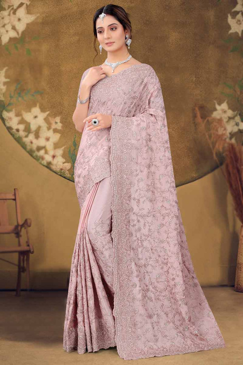Resham Work Embroidered Chiffon Lavender Pink Saree