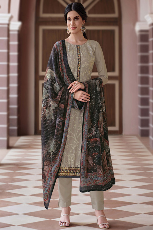 Resham Work Embroidered Chinnon Ash Grey Trouser Suit