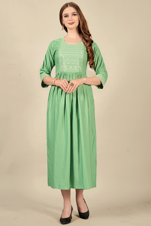 Resham Work Embroidered Cotton Rayon Pistachio Green Kurti