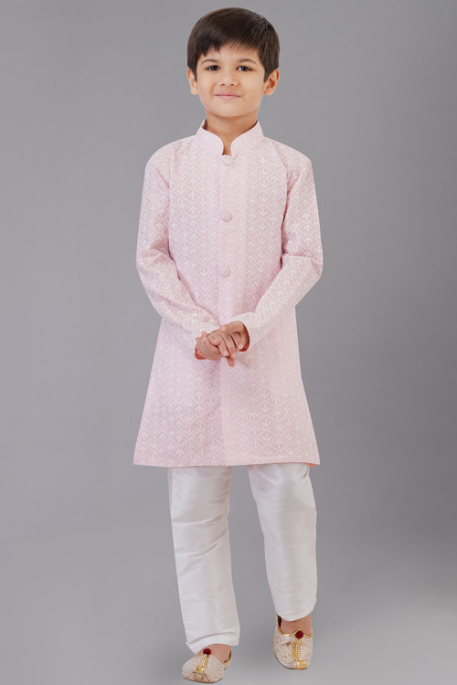 Resham Work Embroidered Cotton Silk Light Pink kid's Kurta Pajama