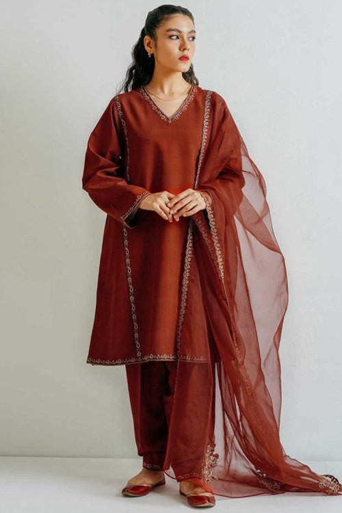 Resham Work Embroidered Cotton Silk Rust Orange Patiala Suit