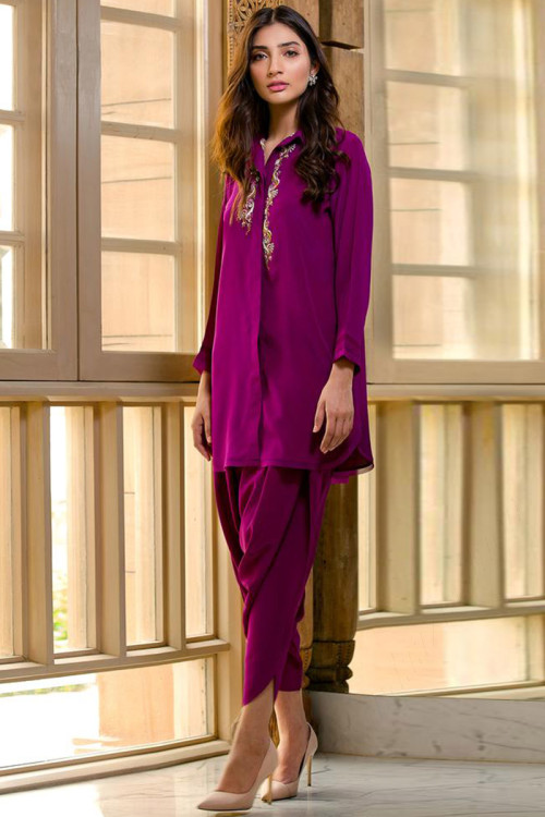 Resham Work Embroidered Silk Magenta Pink Patiala Suit