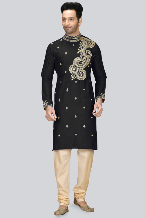 Dupion Silk Men Kurta Pajama in Black colour for Party 