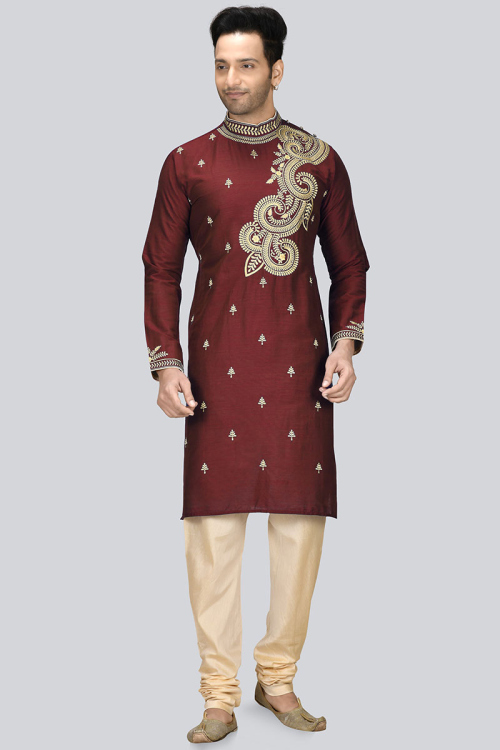 Resham Work Embroidered Dupion Silk Light Maroon Men Kurta Pajama
