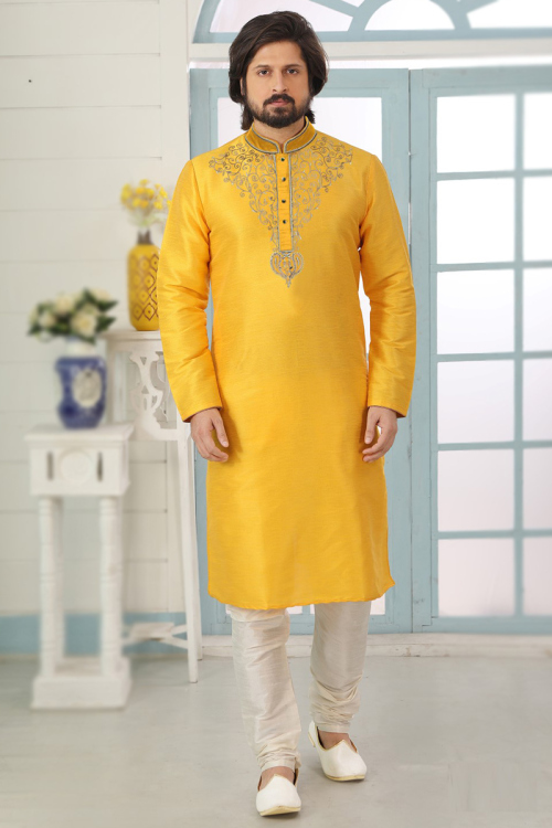 Resham Work Embroidered Dupion Silk Mustard Yellow Men Kurta