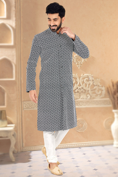 Resham Work Embroidered Dupion Silk Teal Green Men Sherwani