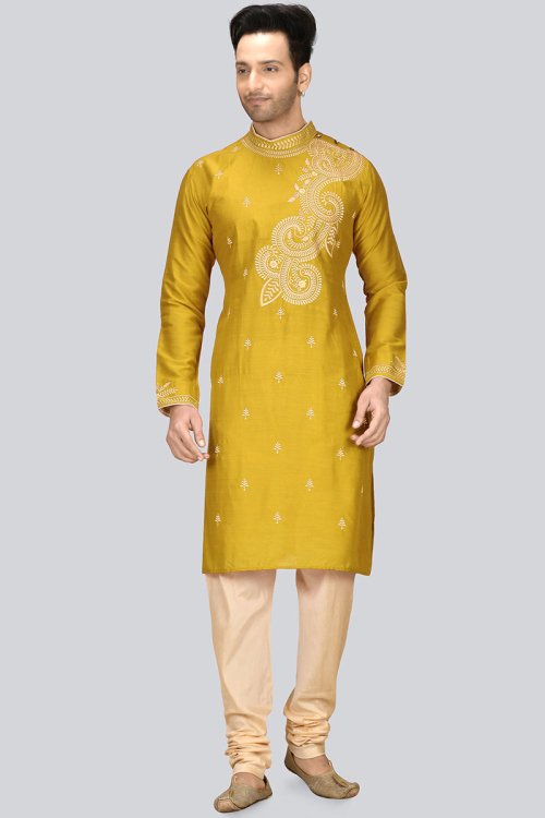 Resham Work Embroidered Dupion Silk Yellow Men Kurta Pajama
