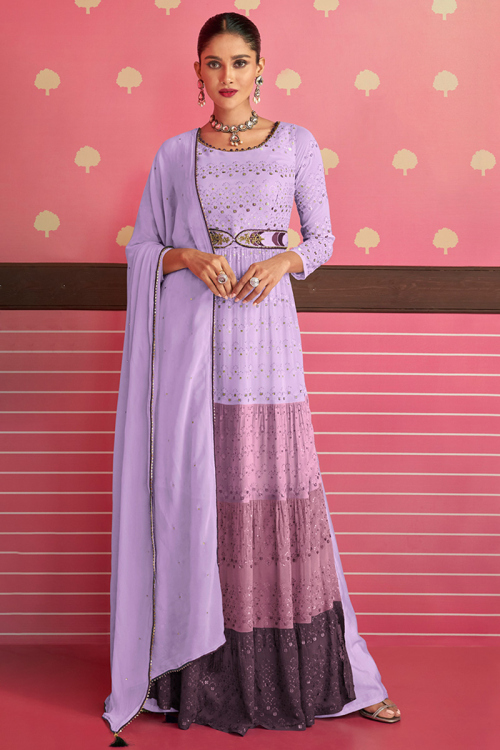 Resham Work Embroidered Georgette Lavender Purple Anarkali Suit