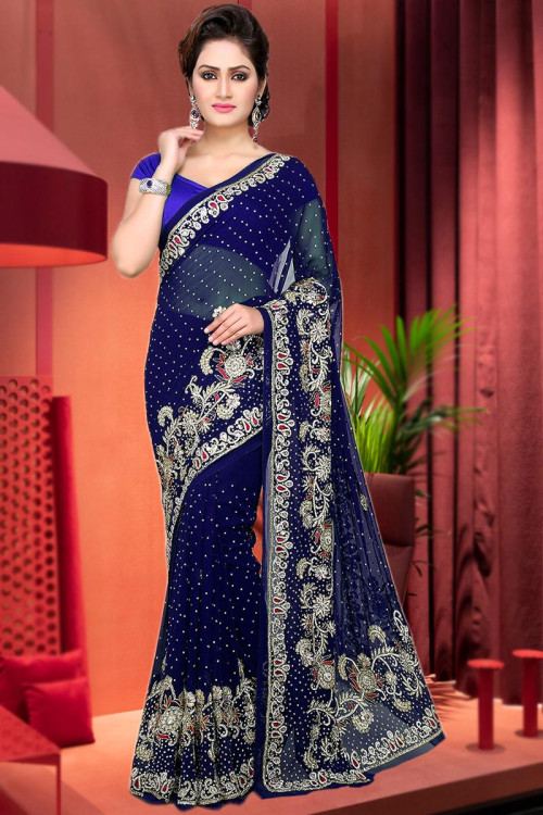 Georgette Saree in Royal Blue colour with Stone Work for Party