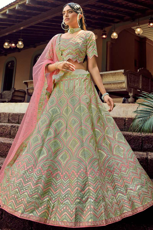 Georgette Pastel Green Embroidered Lehenga