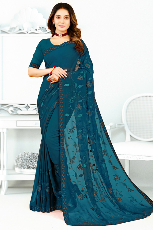 Resham Work Embroidered Georgette Peacock Blue Saree