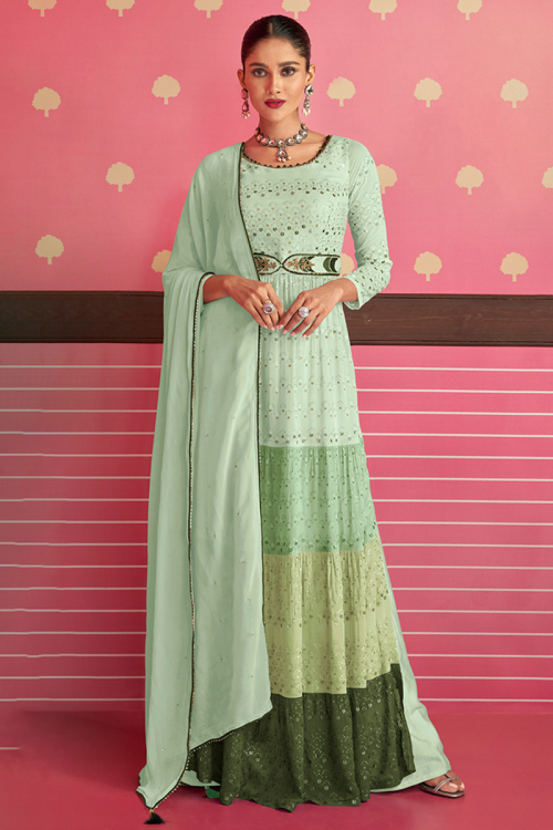 Resham Work Embroidered Georgette Pistachio Green Anarkali Suit