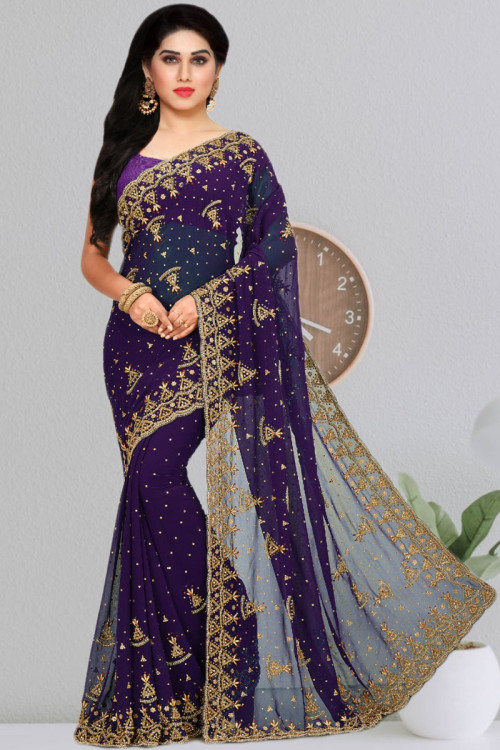 Georgette Saree in Royal Blue colour with Stone Work for Party