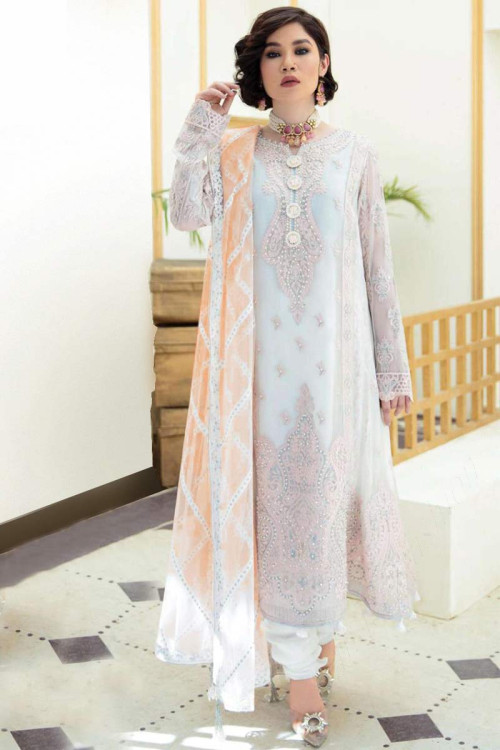 Resham Work Embroidered Georgette White Churidar Suit