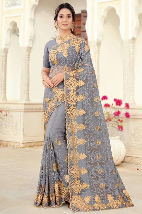 Resham Work Embroidered Net Designer Steel Grey Saree