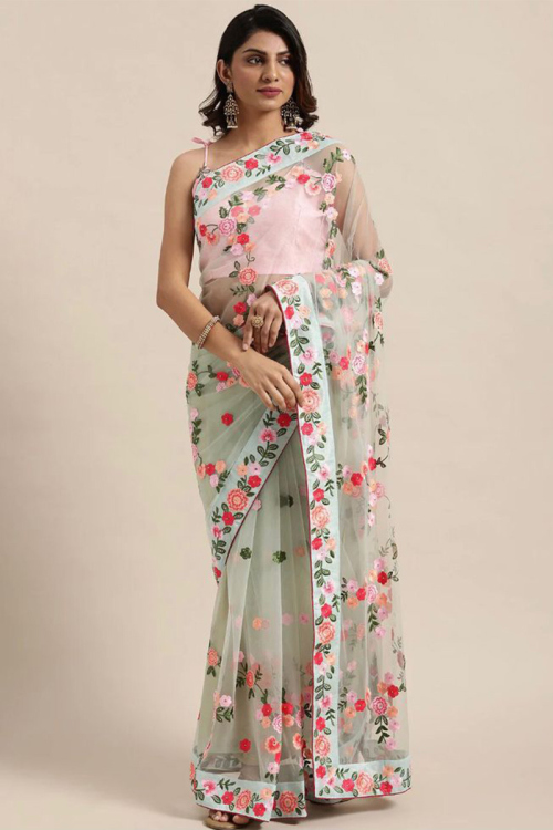 Resham Work Embroidered Net Mint Green Saree