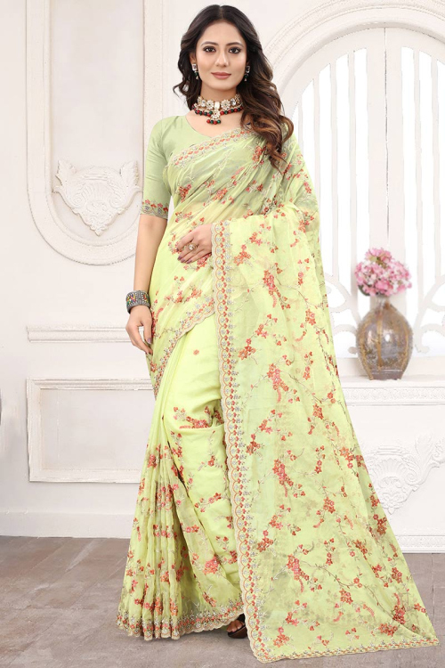 Organza Pistachio Green Party Wear Saree with Stone embroidery