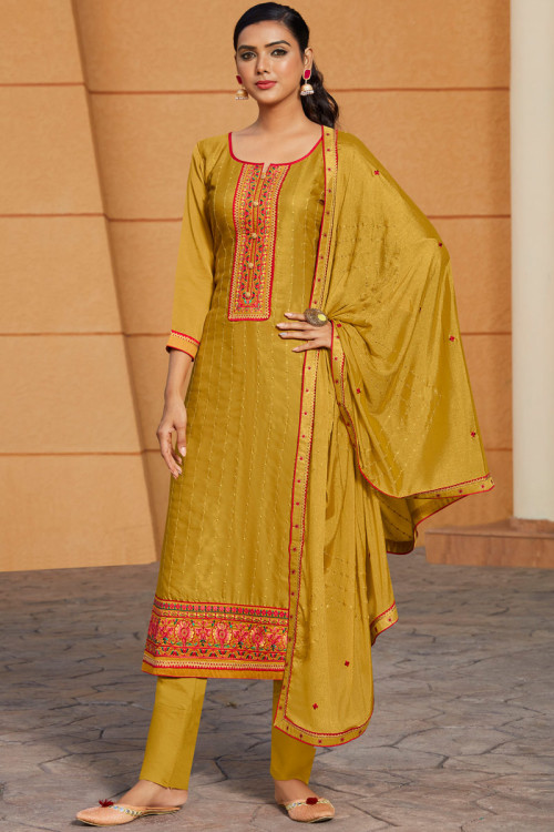Resham Work Embroidered Poly Cotton Mustard Yellow Trouser Suit