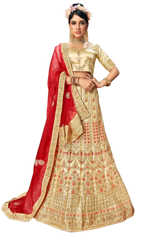 Resham Work Embroidered Satin Light Beige Lehenga