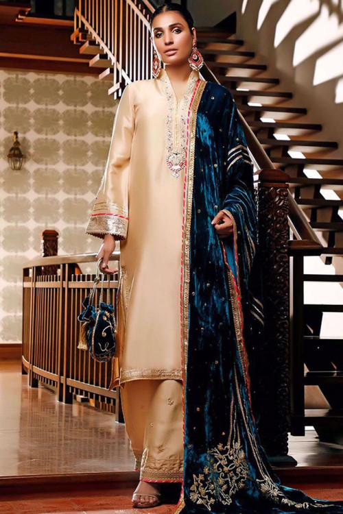 Resham Work Embroidered Silk Beige Pakistani Wedding Sharara Suit