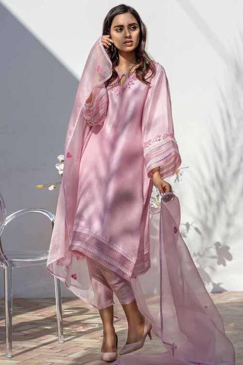 Resham Work Embroidered Silk Carnation Pink Trouser Suit