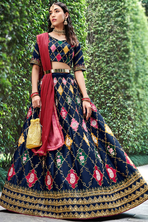 Resham Work Embroidered Silk Navy Blue Lehenga