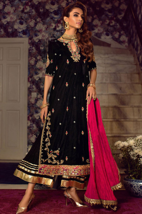Resham Work Embroidered Velvet Black Pakistani Trouser Suit