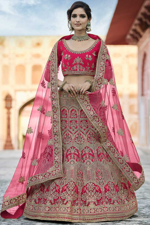 Velvet Rani Pink Zari Embroidered Lehenga for Bridal Wear