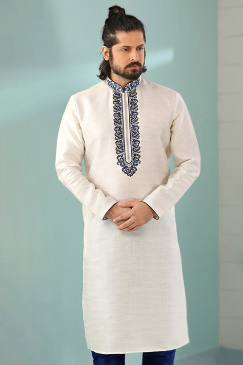 Resham Work Men's Kurta In Off White