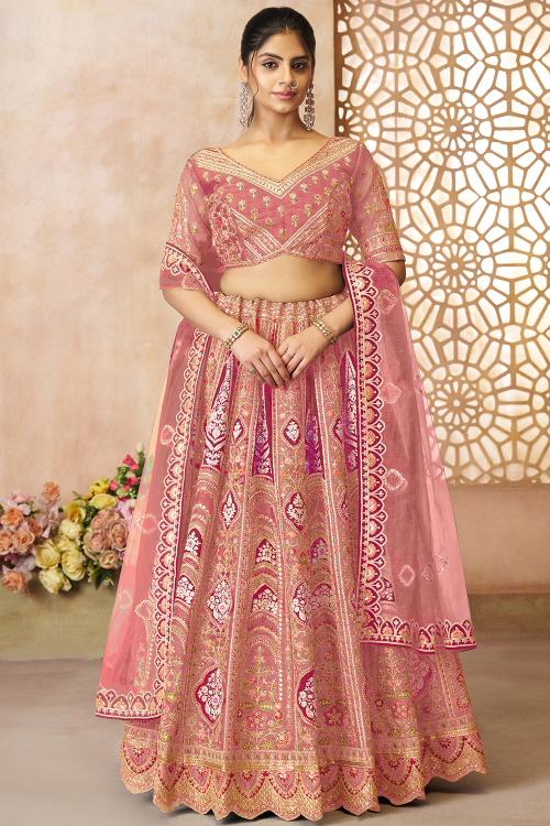 Rose Pink Art Silk Lehenga With Zari Work For Weddings