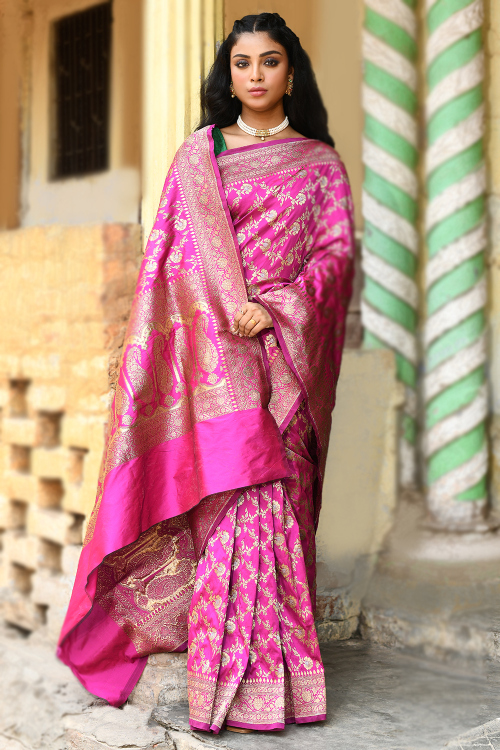Rose Pink Art Silk Woven Zari Broad Border Saree