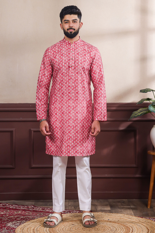 Rose Pink Cotton Men's Kurta Pajama With Printed Work