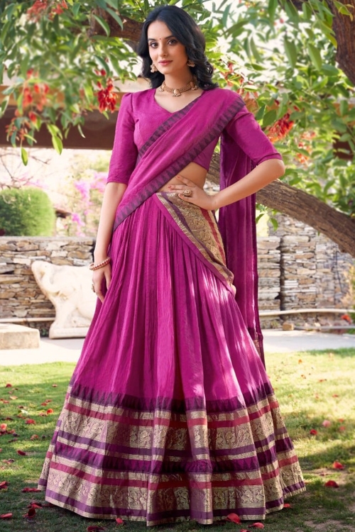 Rose Pink Cotton Weaved Flared Style Lehenga For Festival