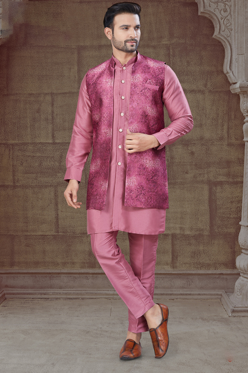 Rose Pink Dupion Silk Jacket Style Men's Sherwani Pajama 