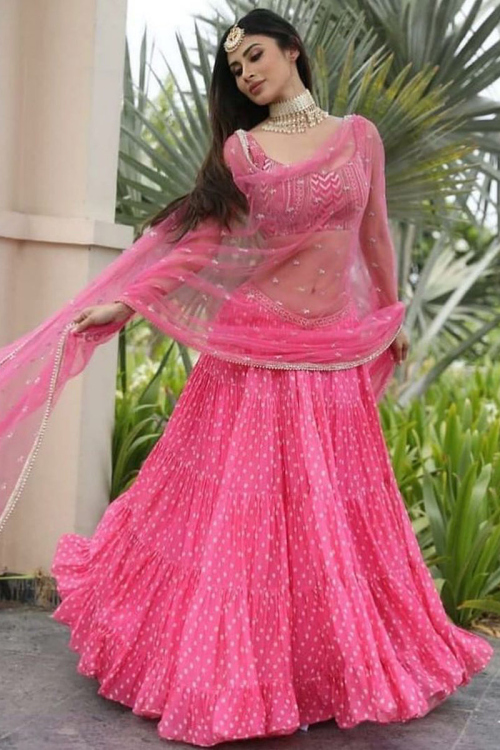 Rose Pink Georgette Bandhej Printed Lehenga