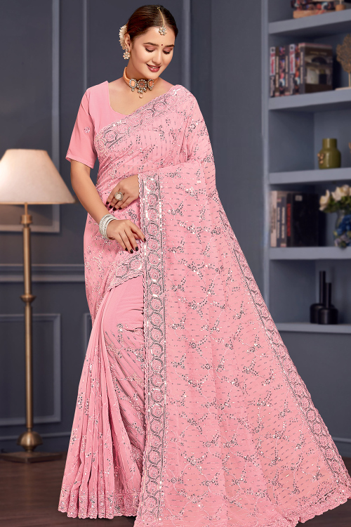 Rose Pink Georgette Embroidered Heavy Saree 