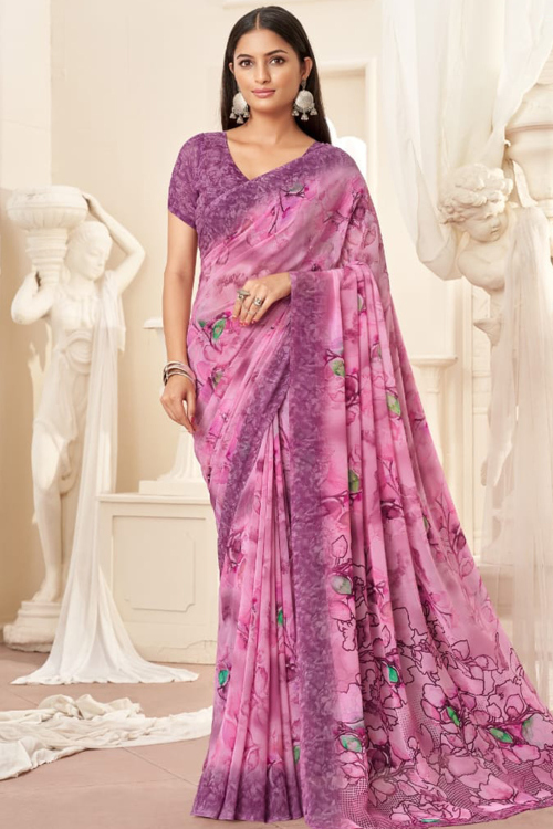 Rose Pink Georgette Saree With Printed Work For Casual Wear