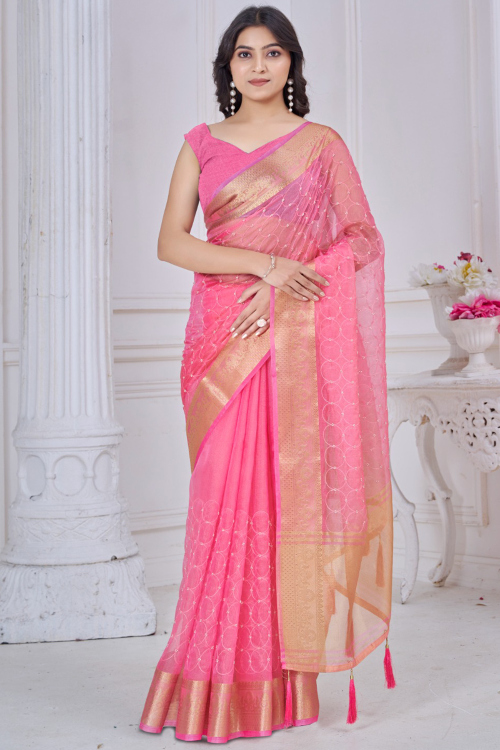 Rose Pink Kora Silk Saree With Zari Work For Diwali