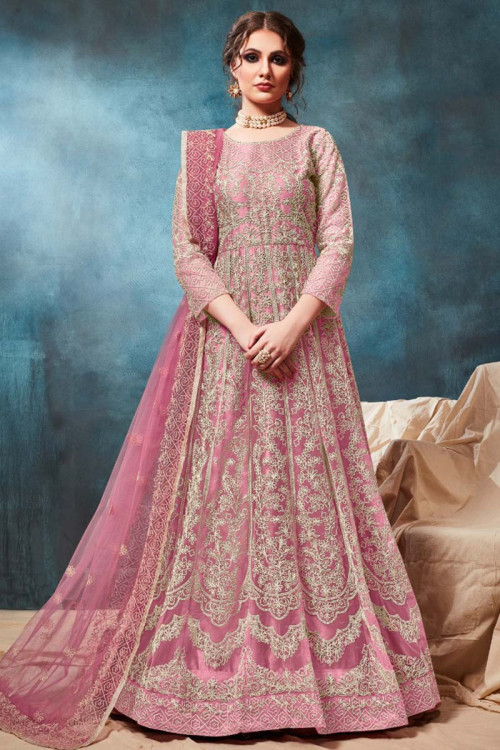 Rose Pink Net Eid Anarkali Suit With Dori Work