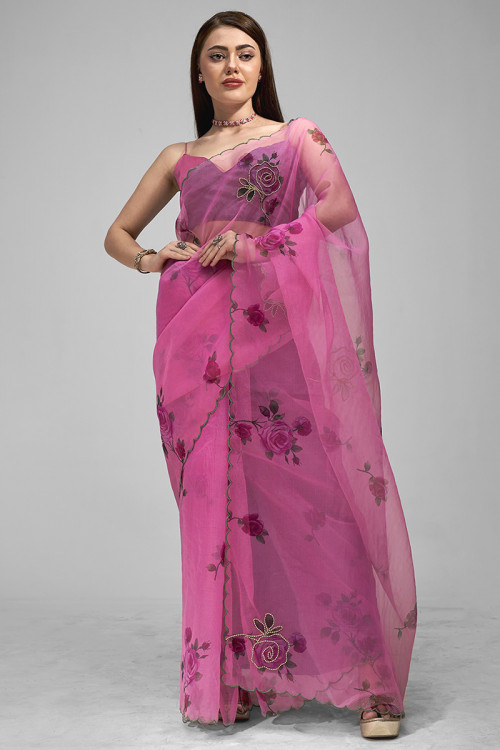 Buy Carnation Pink Kora Saree For Women Online