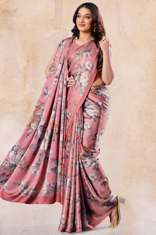 Rose Pink Satin Saree With Printed Work For Casual Wear
