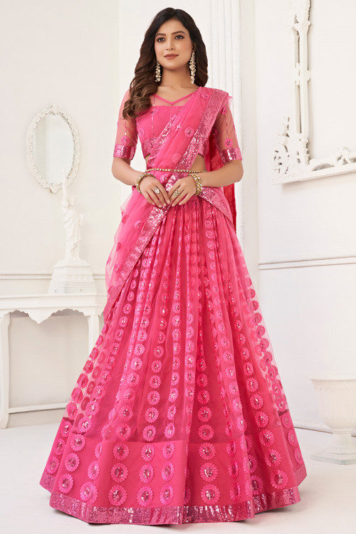Rose Pink Sequins Embroidered Net Party Wear Flared Style Lehenga