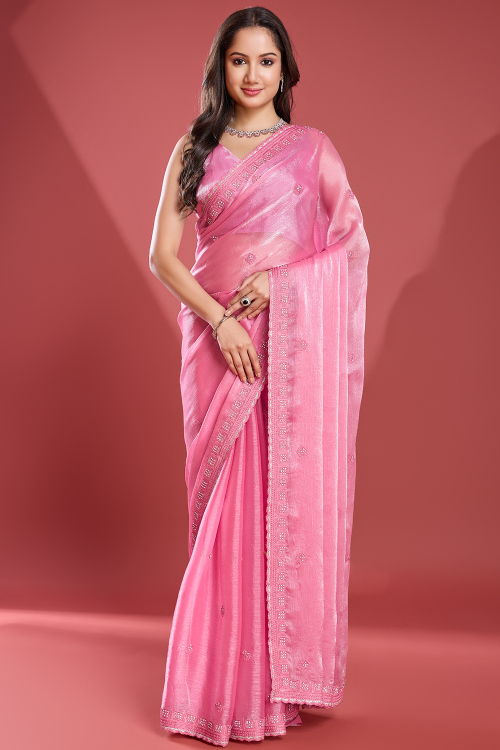 Rose Pink Shimmer Chinnon Embroidered Saree for Festival 