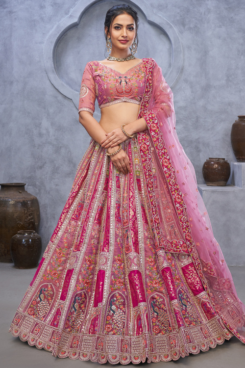 Rose Pink Silk Blend Embroidered A Line Lehenga
