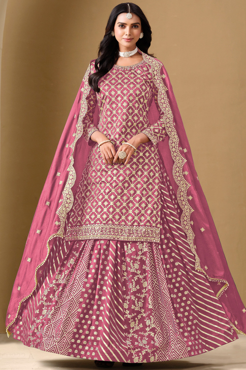Rose Pink Silk Blend Lehenga with Woven Zari Work for Wedding Wear