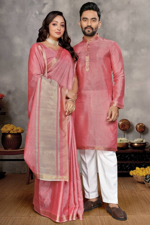 Rose Pink Silk Blend Woven Zari Couple's Outfit