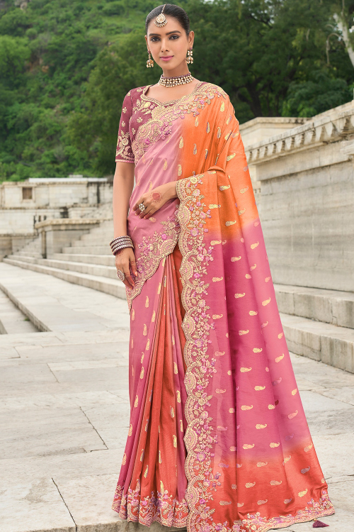 Rose Pink Soft Silk Saree with Zari Work for Diwali Wedding